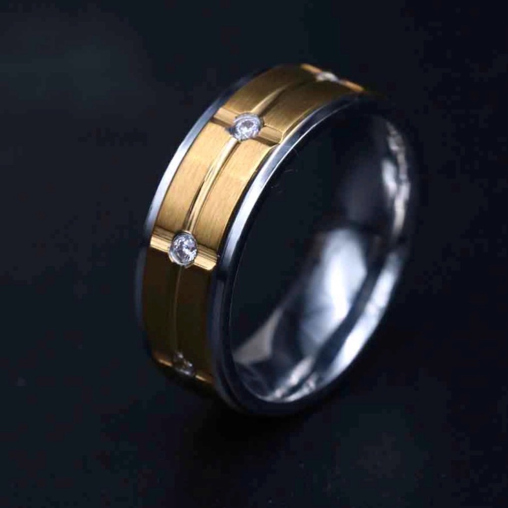 NWT-Titanium Steel Matte Yellow Gold Plated 8mm AAA CZ Men’s Wedding Band